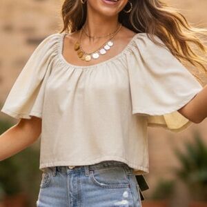 Boho Tayo Studio Cream Linen Blend Flutter Sleeve Crop Top Size 1